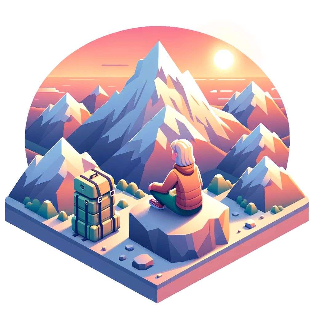 someone gazing at Mount Everest, isometric art
